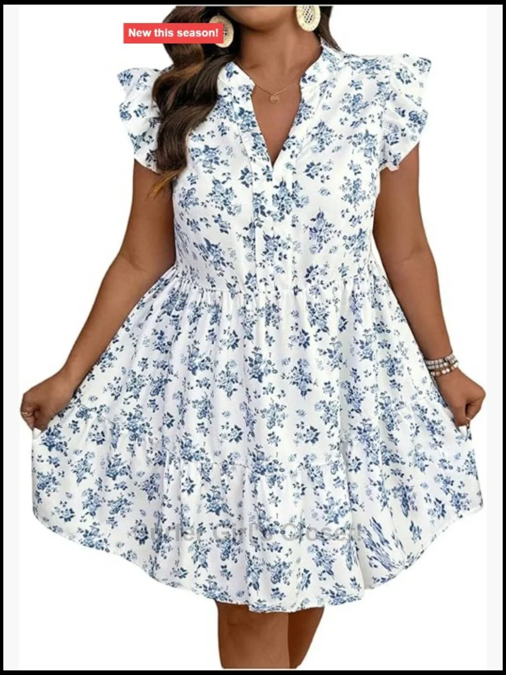 Plus Size Floral Babydoll Dress Notched V Neck Cap Sleeve Ruffle Hem